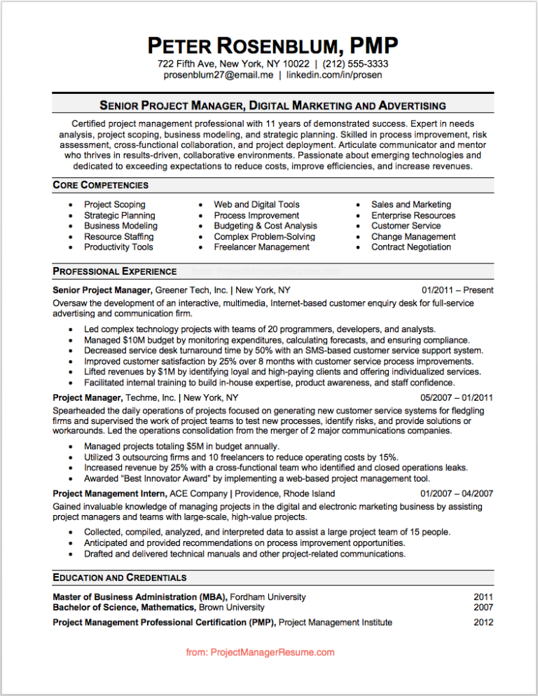 project manager resume sample pdf