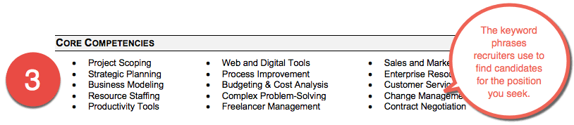 Project Manager Sample Resume - section 3 competencies