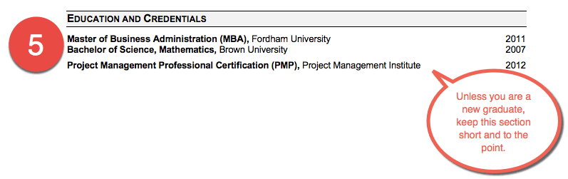 Project Manager Sample Resume - section 4 professional education and credentials